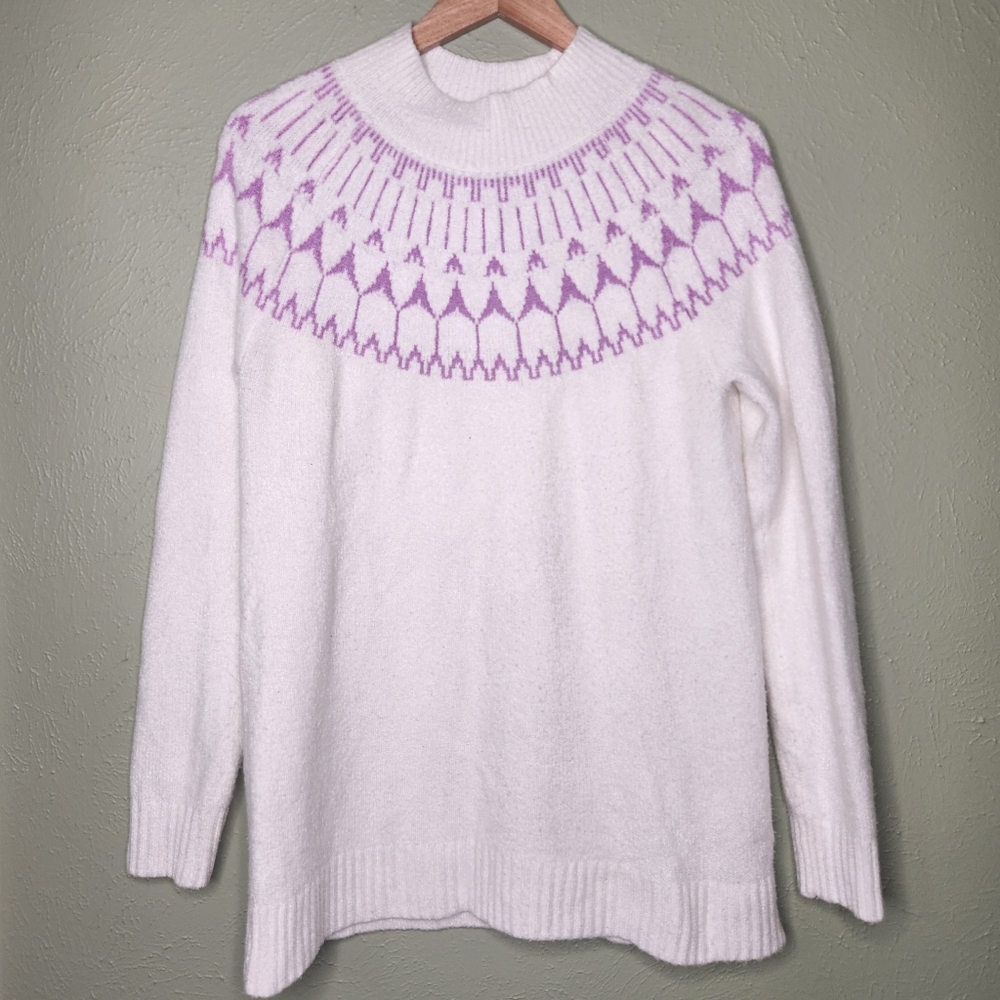Talbots Purple White Nordic Ski Sweater Medium Warm Cozy Fuzzy Mock Neck